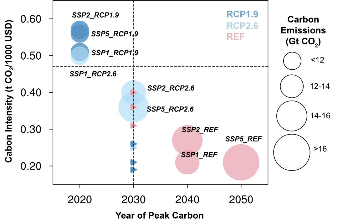 图1 不同SSP-RCP情景下我国碳排放达峰年份及2030年碳排放强度