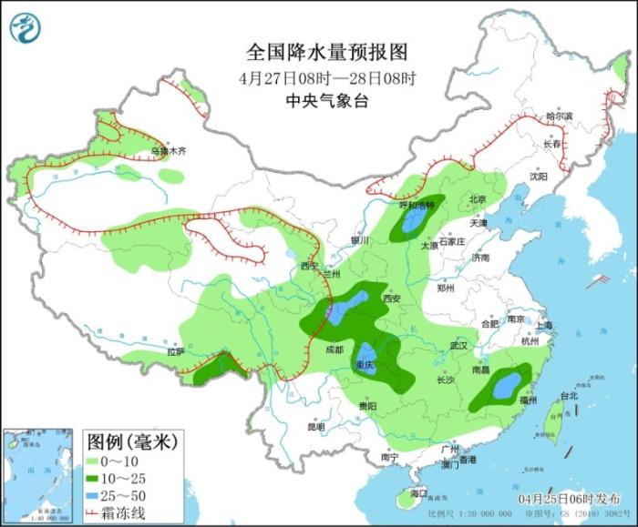 全国降水量预报图（4月27日08时-28日08时）