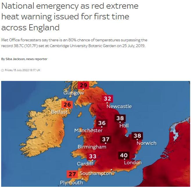 当地时间7月15日，英国发布首个极端高温红色预警。图片来源：英国天空新闻网报道截图